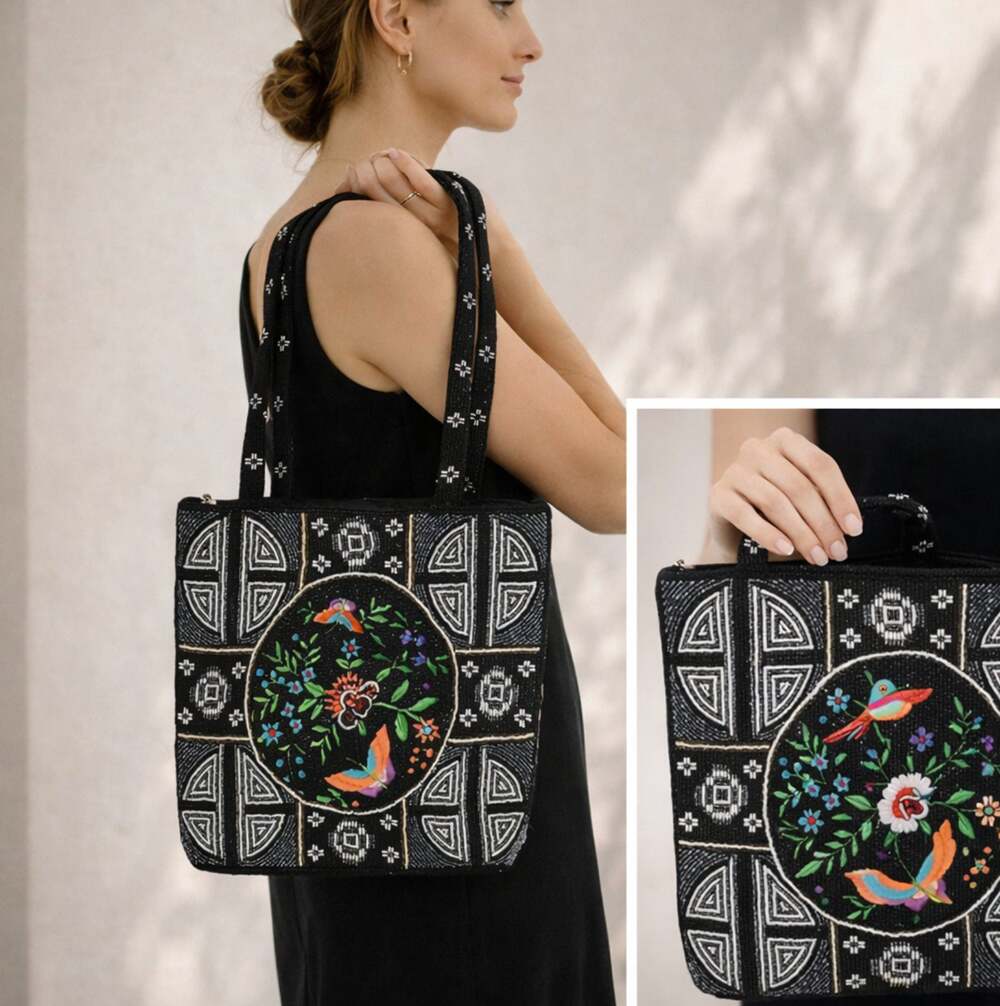 Beaded Bird Butterfly Tote Black Artisan Embroidered Statement Bag